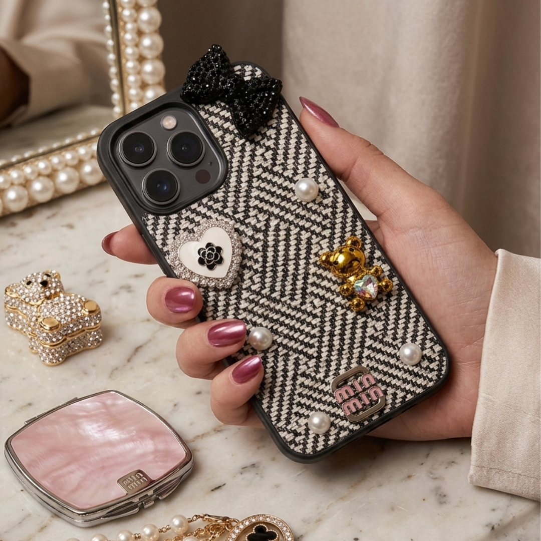 iPhone 16 Pro Max Luxury Tweed Bow Pearl Bear Case | Premium Designer Protective Cover
