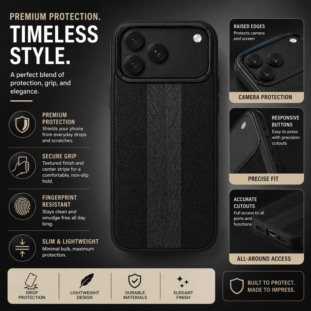 iPhone 13 / 14 / 15 / 16 / 17 Pro Max – Black Dual Texture Leather Case