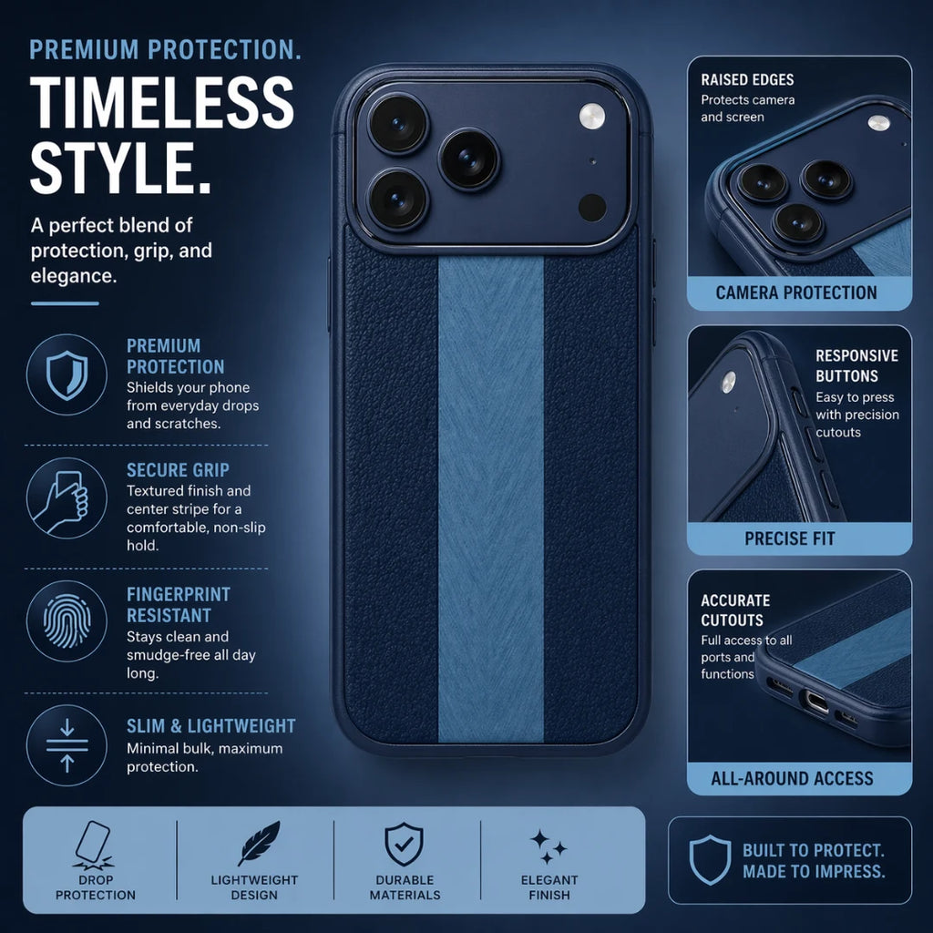 iPhone 13 / 14 / 15 / 16 / 17 Pro Max – Navy Blue Dual Texture Leather Case