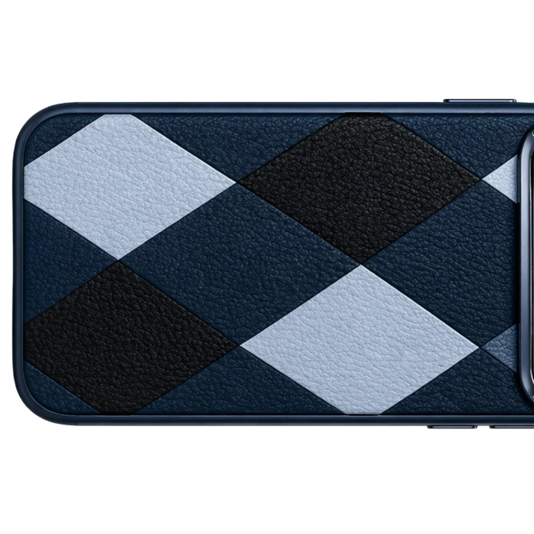 iPhone 17 Pro Max – Navy Blue Diamond Pattern Leather Case
