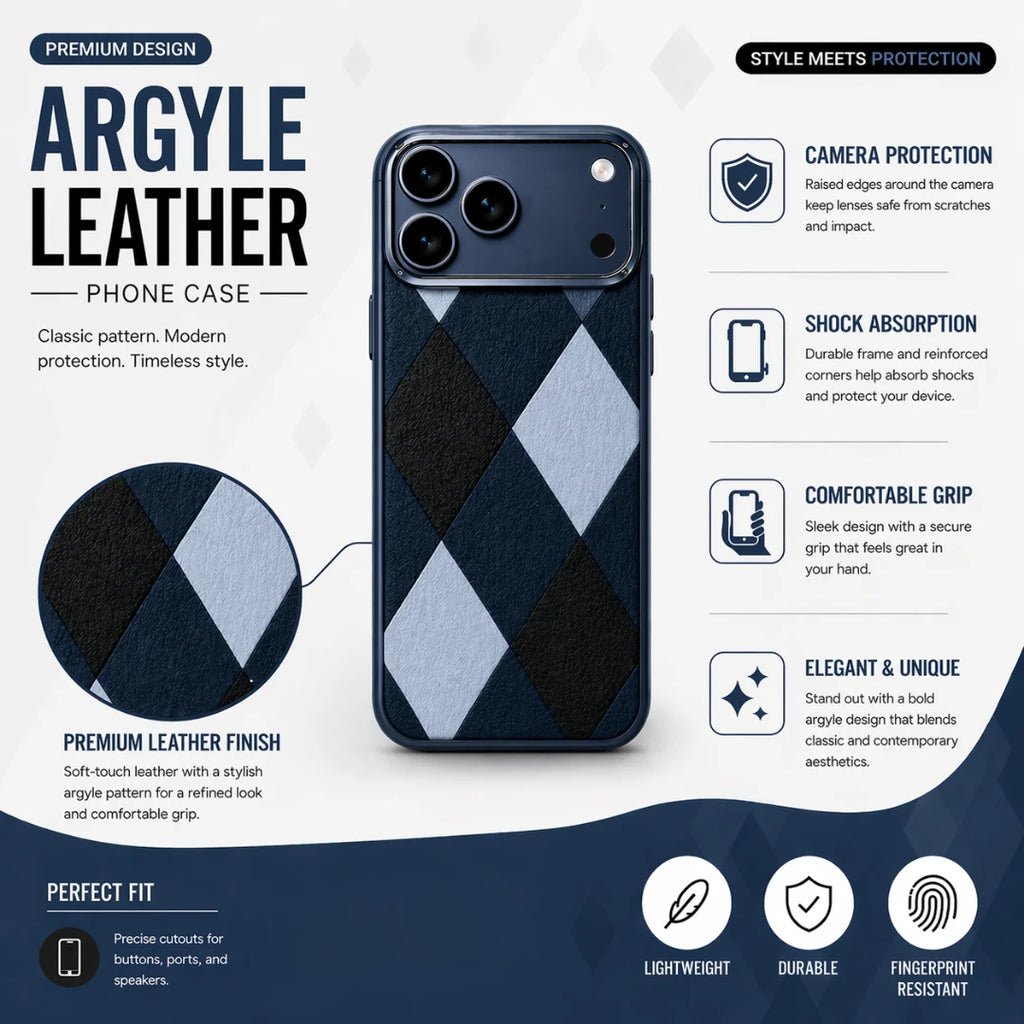 iPhone 17 Pro Max – Navy Blue Diamond Pattern Leather Case