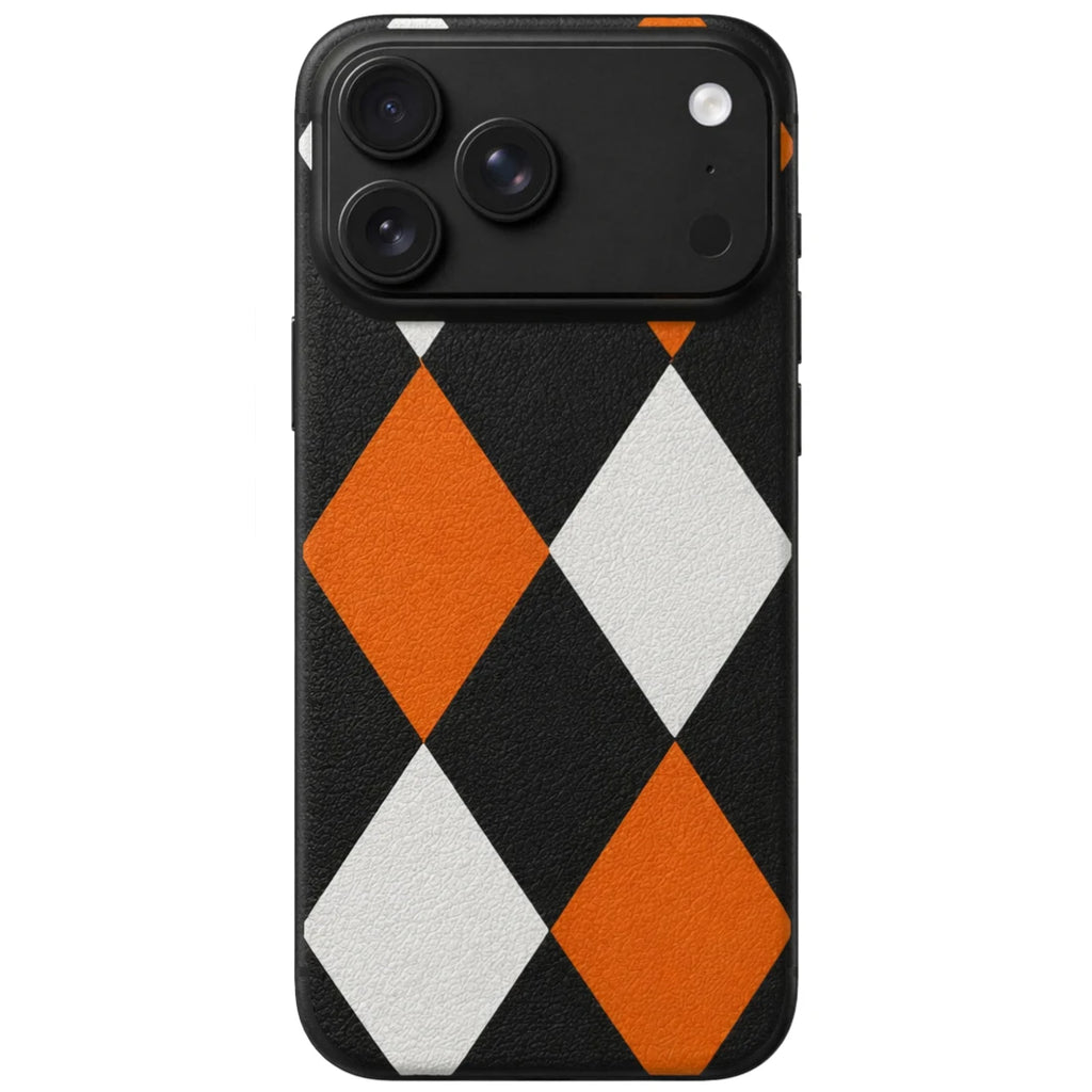 iPhone 17 Pro Max – Black & Orange Diamond Pattern Leather Case