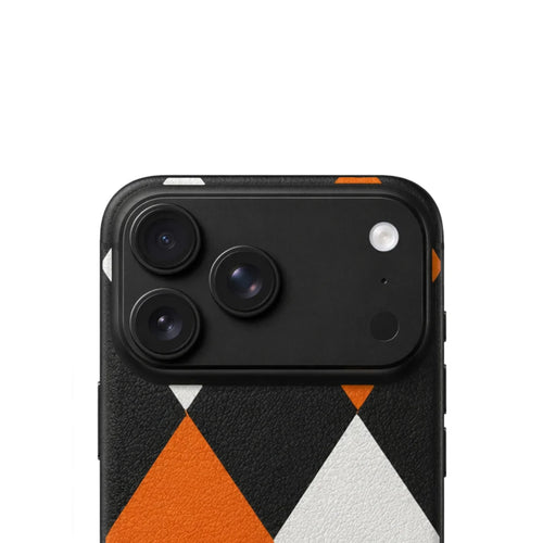 iPhone 17 Pro Max – Black & Orange Diamond Pattern Leather Case
