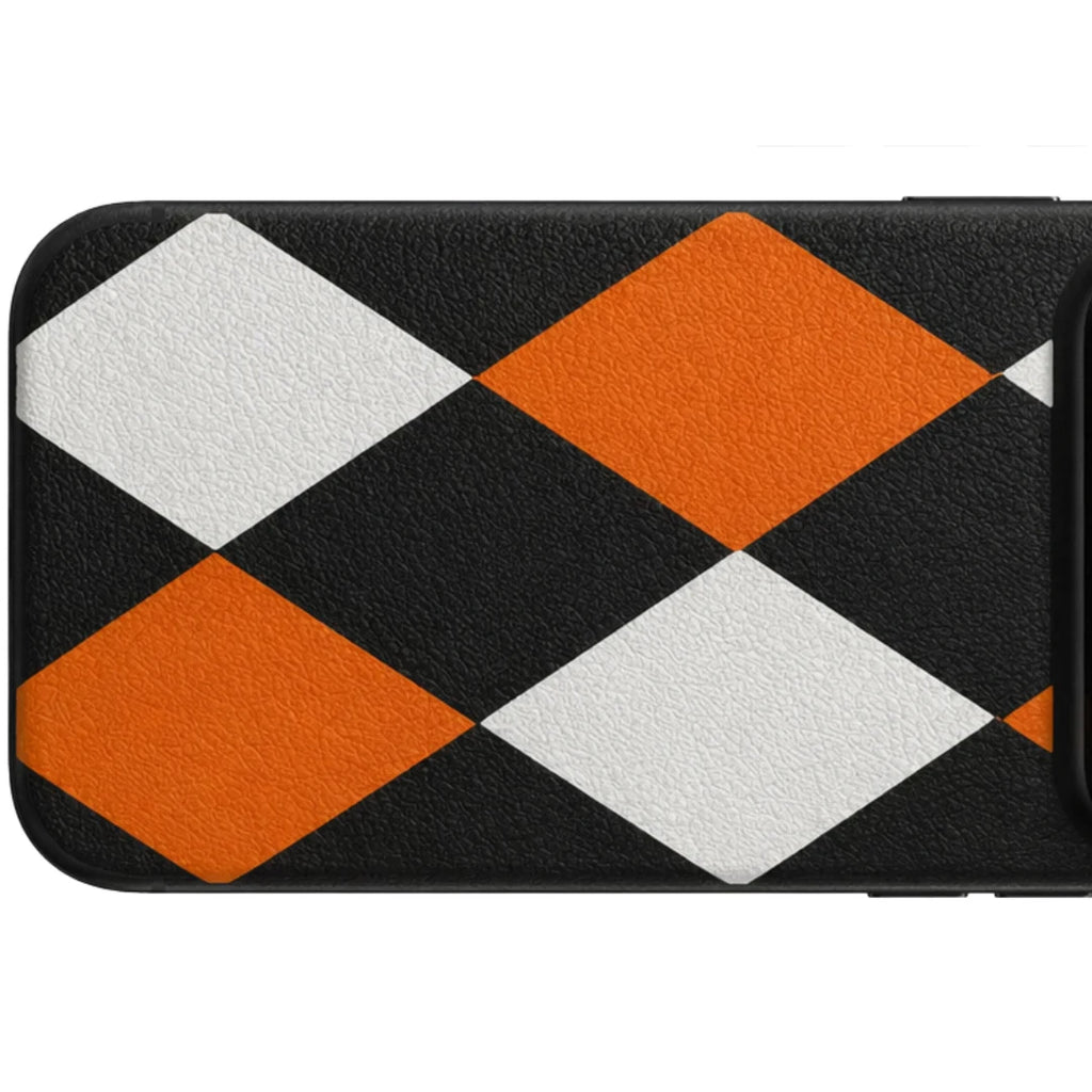iPhone 17 Pro Max – Black & Orange Diamond Pattern Leather Case