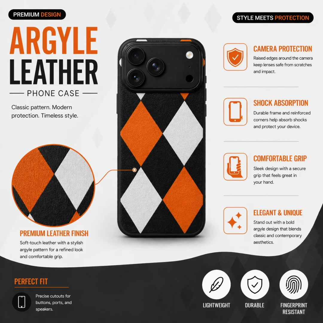 iPhone 17 Pro Max – Black & Orange Diamond Pattern Leather Case