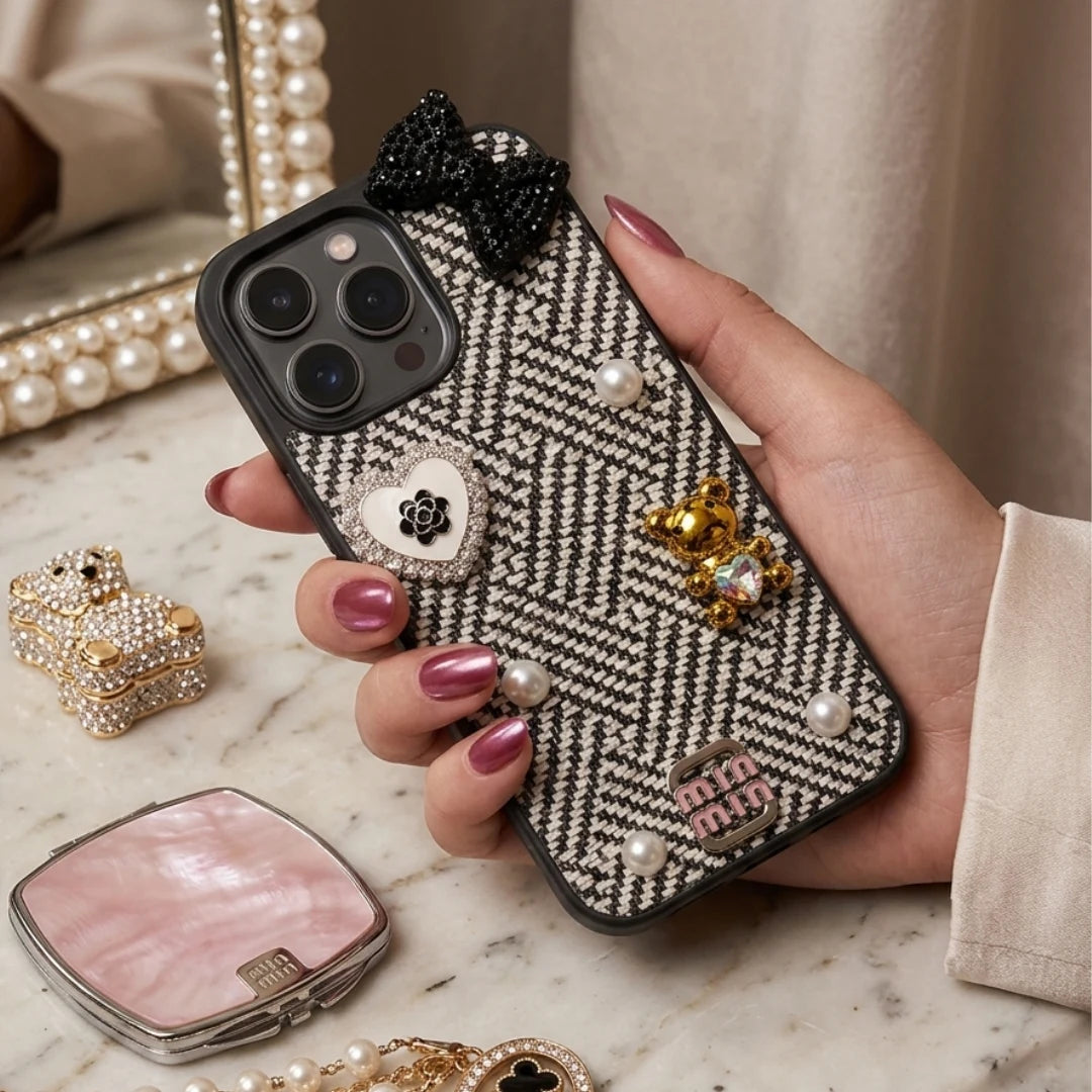 iPhone 16 Pro Max Luxury Tweed Bow Pearl Bear Case