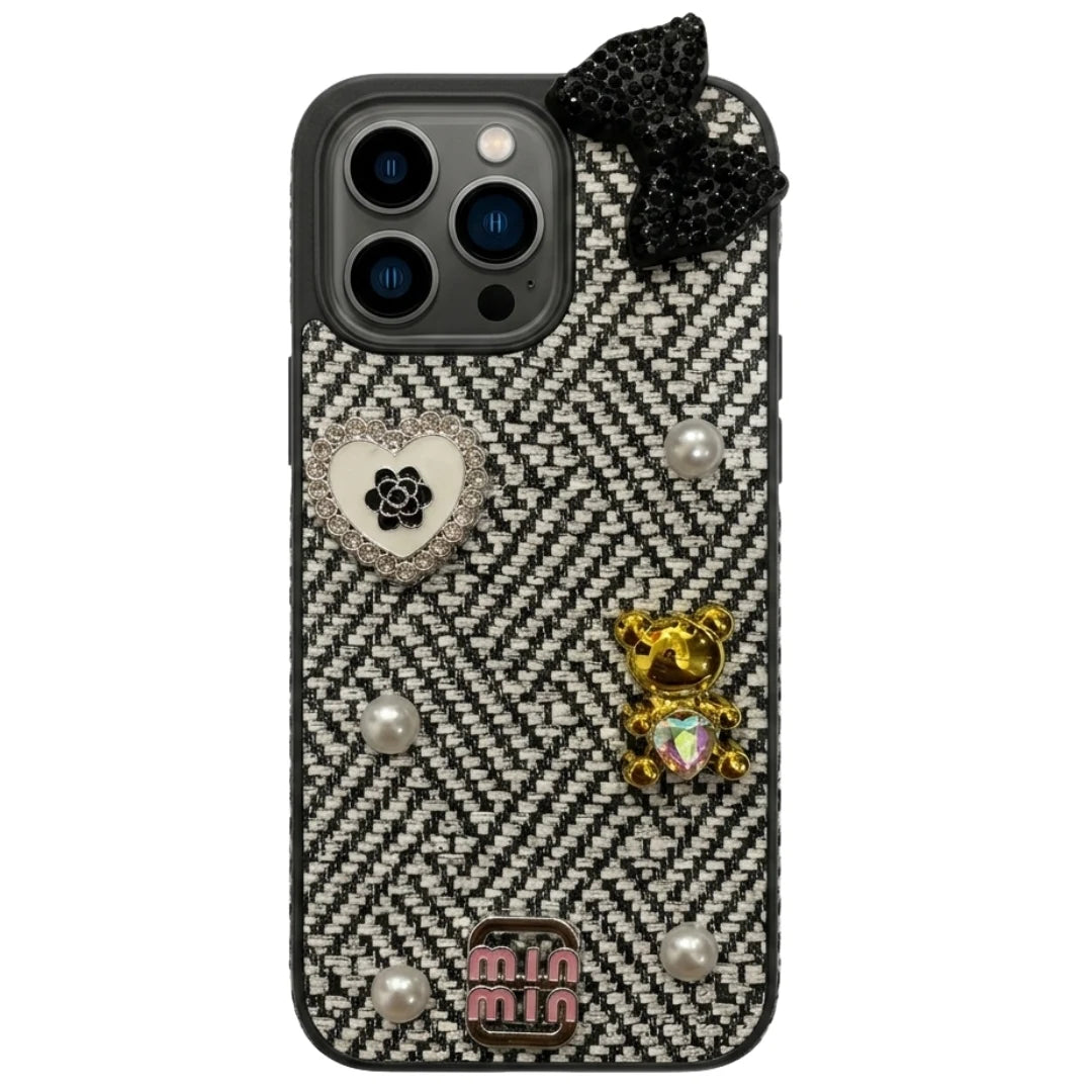 iPhone 16 Pro Max Luxury Tweed Bow Pearl Bear Case