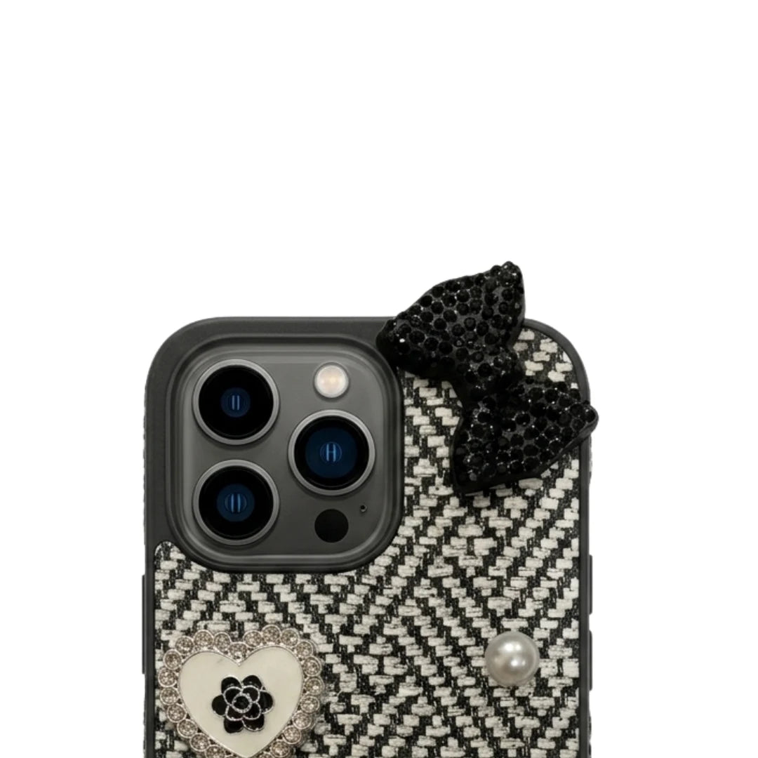 iPhone 16 Pro Max Luxury Tweed Bow Pearl Bear Case