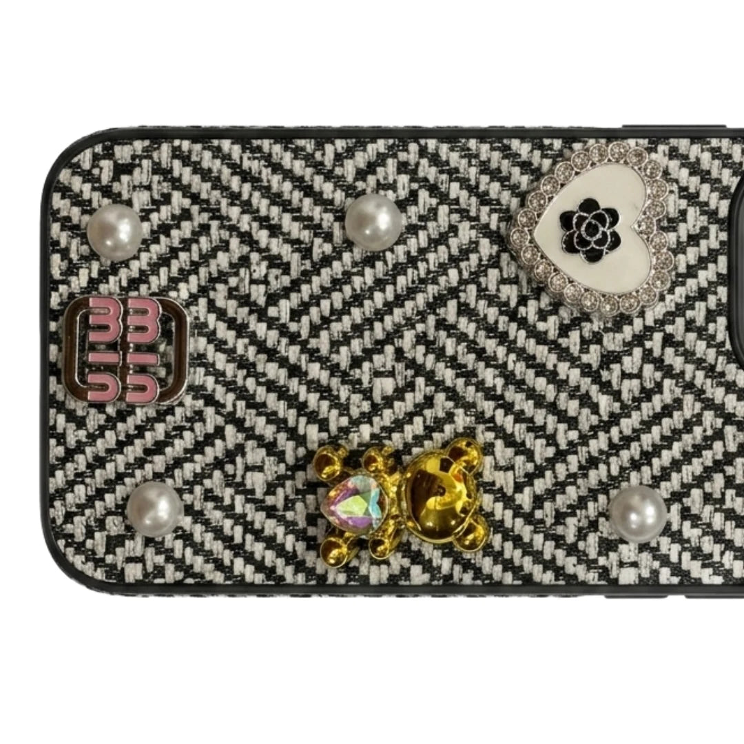 iPhone 16 Pro Max Luxury Tweed Bow Pearl Bear Case