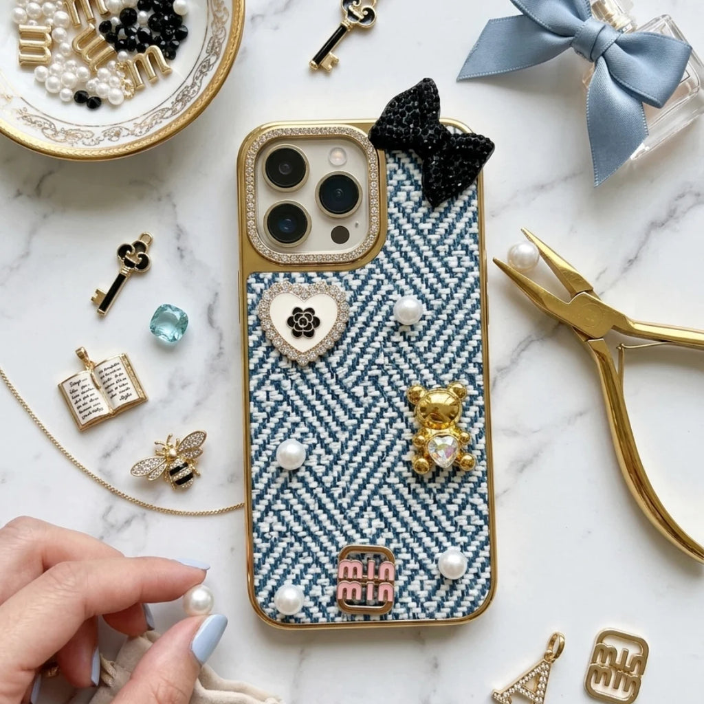 iPhone 16 Pro Max Luxury Blue Tweed Bow Pearl Bear Case