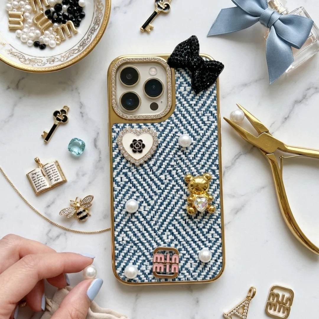 iPhone 16 Pro Max Luxury Blue Tweed Bow Pearl Bear Case