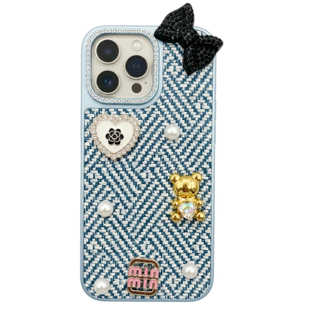 iPhone 16 Pro Max Luxury Blue Tweed Bow Pearl Bear Case