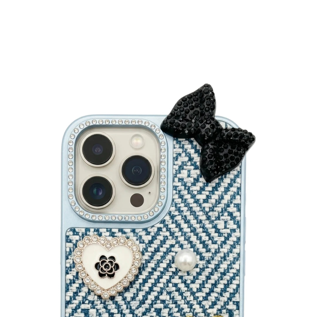 iPhone 16 Pro Max Luxury Blue Tweed Bow Pearl Bear Case