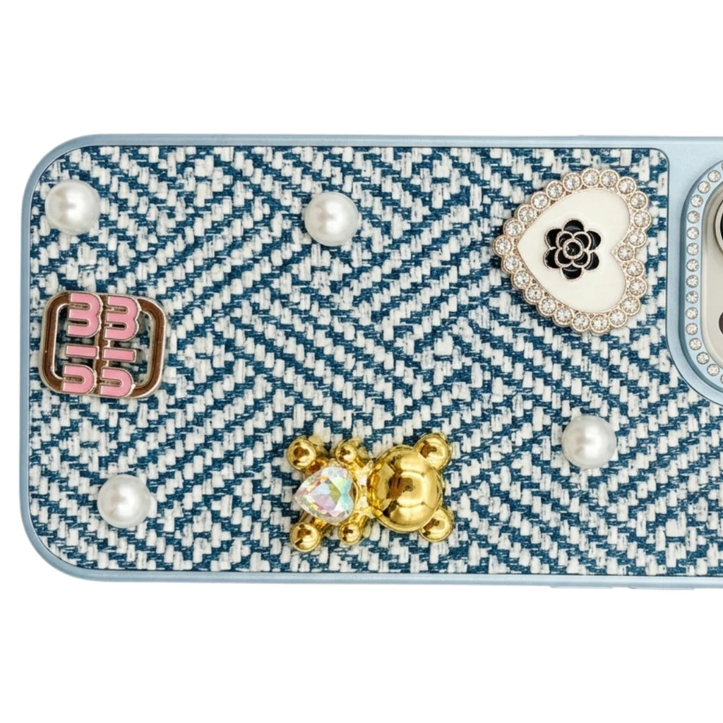 iPhone 16 Pro Max Luxury Blue Tweed Bow Pearl Bear Case