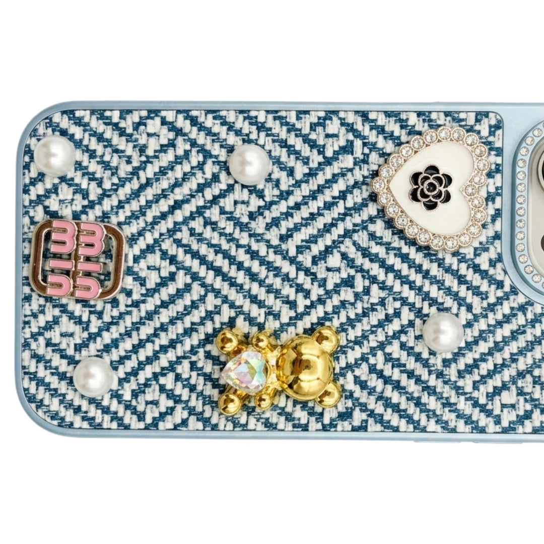 iPhone 16 Pro Max Luxury Blue Tweed Bow Pearl Bear Case