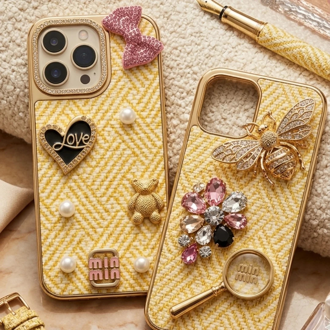 iPhone 16 Pro Max Luxury Yellow Tweed Bow Pearl Bear Case