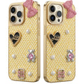 iPhone 16 Pro Max Luxury Yellow Tweed Bow Pearl Bear Case