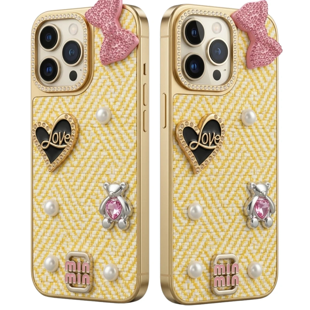 iPhone 16 Pro Max Luxury Yellow Tweed Bow Pearl Bear Case
