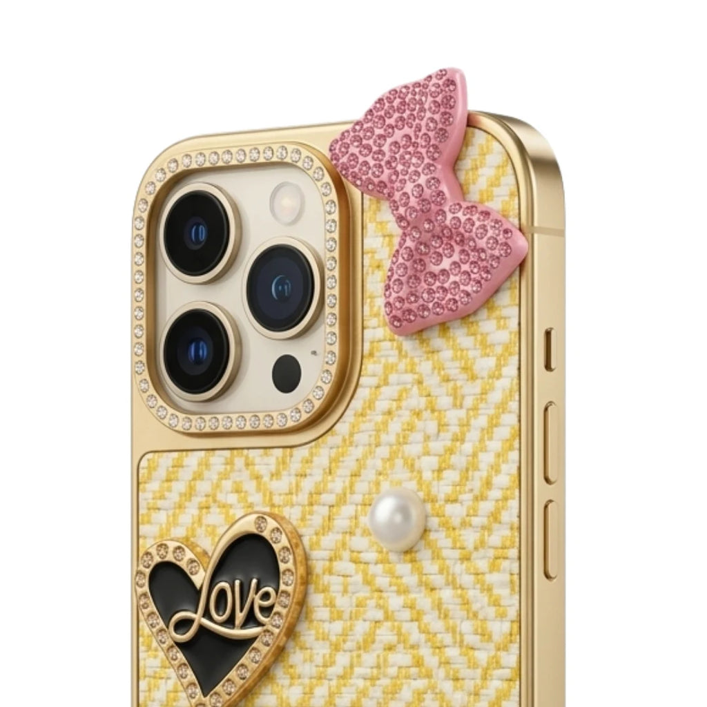 iPhone 16 Pro Max Luxury Yellow Tweed Bow Pearl Bear Case