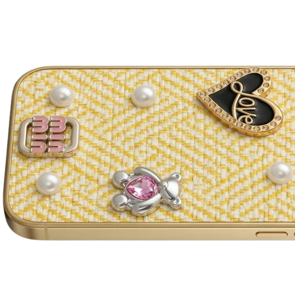 iPhone 16 Pro Max Luxury Yellow Tweed Bow Pearl Bear Case