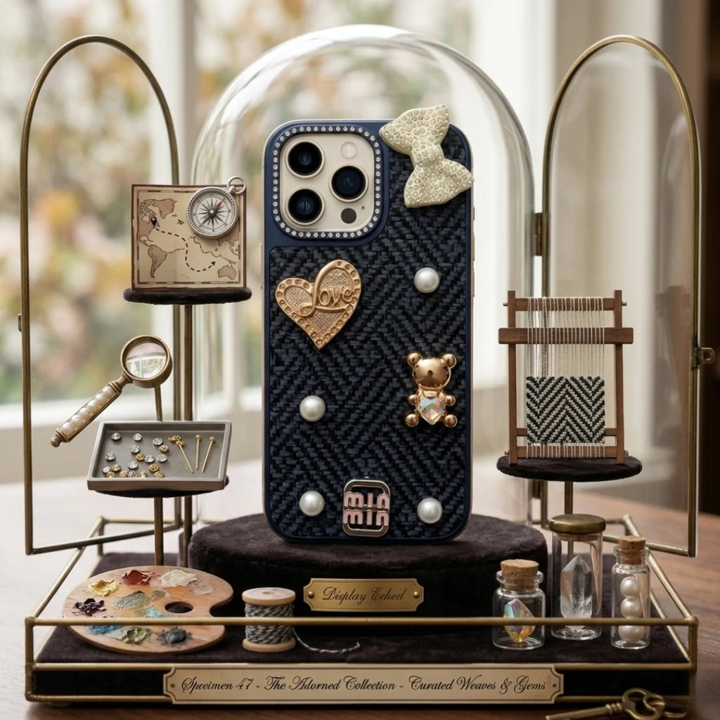 iPhone 16 Pro Max Luxury Navy Blue Tweed Bow Pearl Bear Case