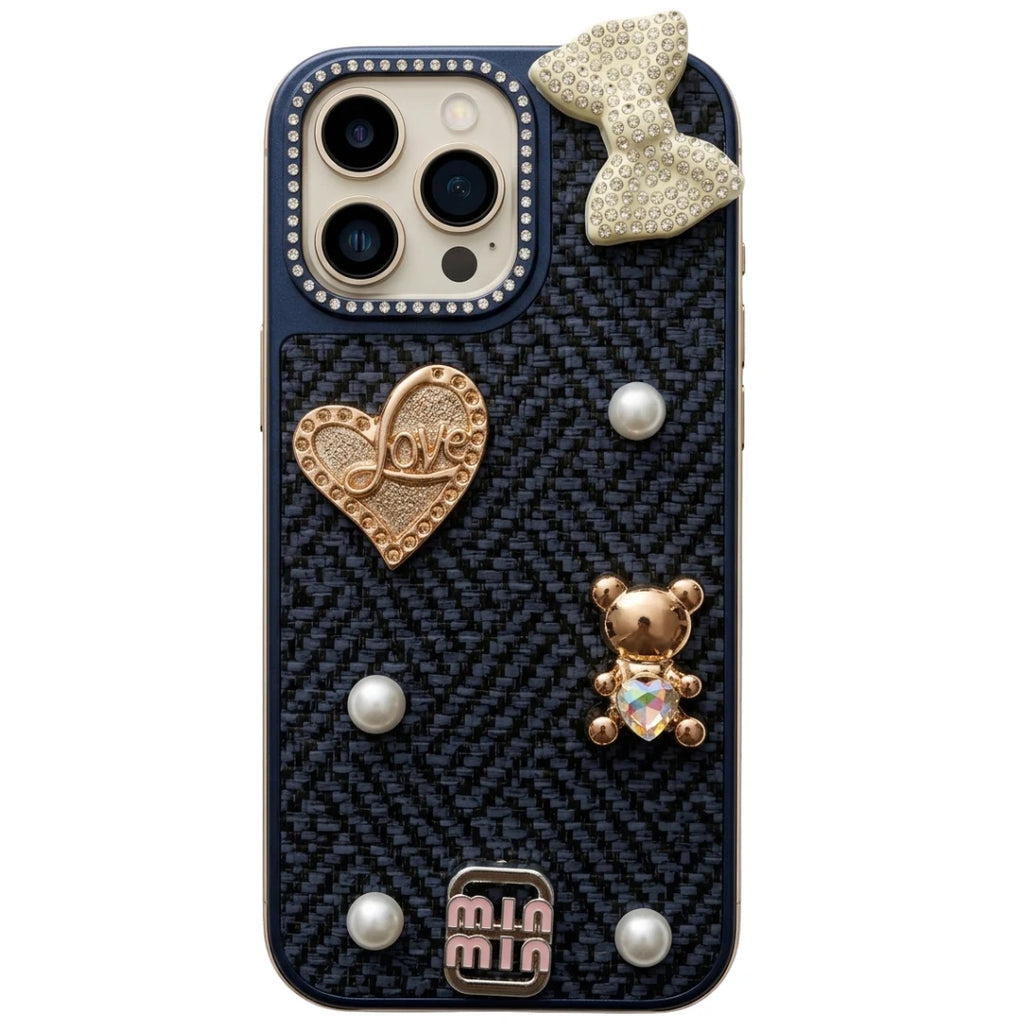 iPhone 16 Pro Max Luxury Navy Blue Tweed Bow Pearl Bear Case