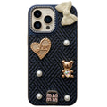 iPhone 16 Pro Max Luxury Navy Blue Tweed Bow Pearl Bear Case