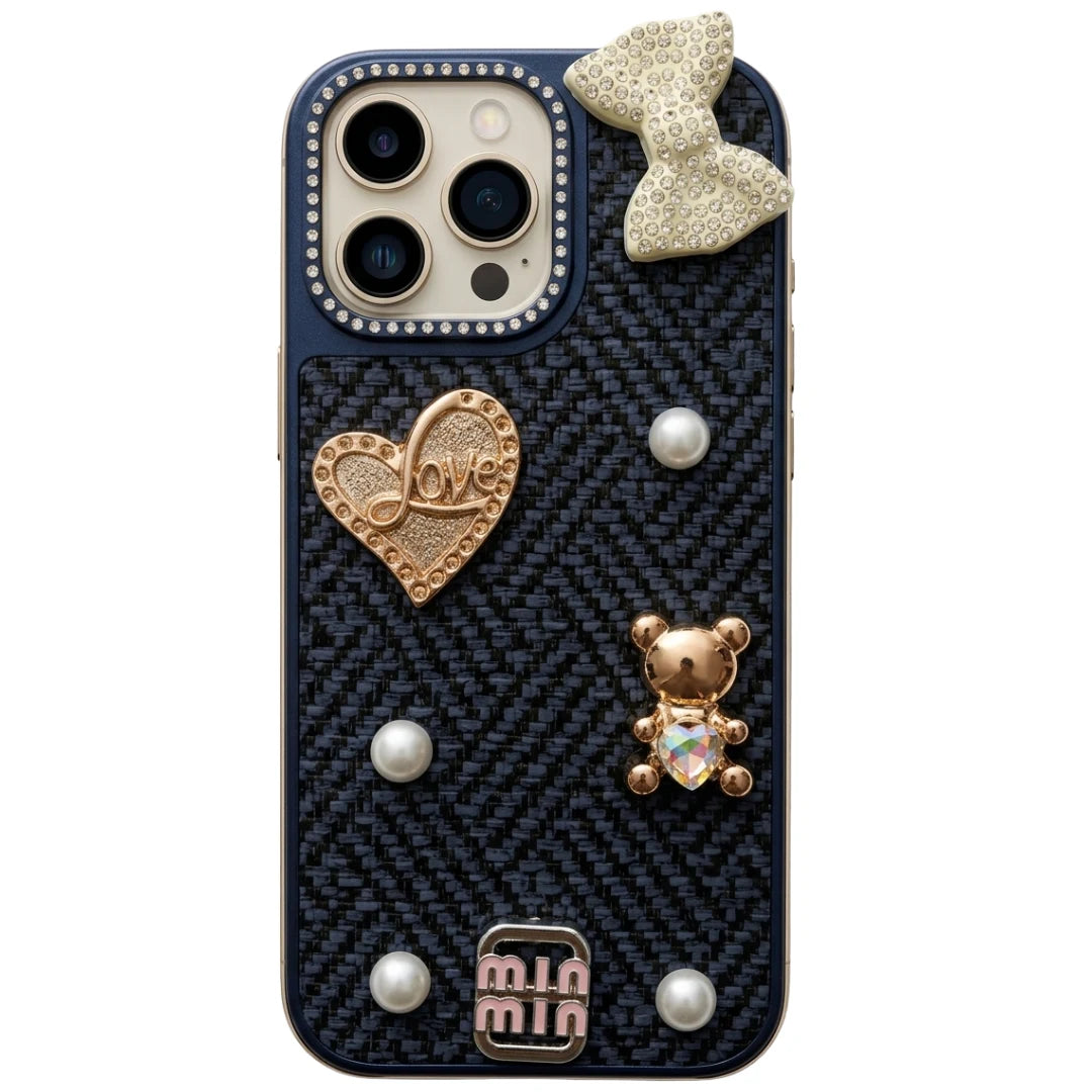 iPhone 16 Pro Max Luxury Navy Blue Tweed Bow Pearl Bear Case