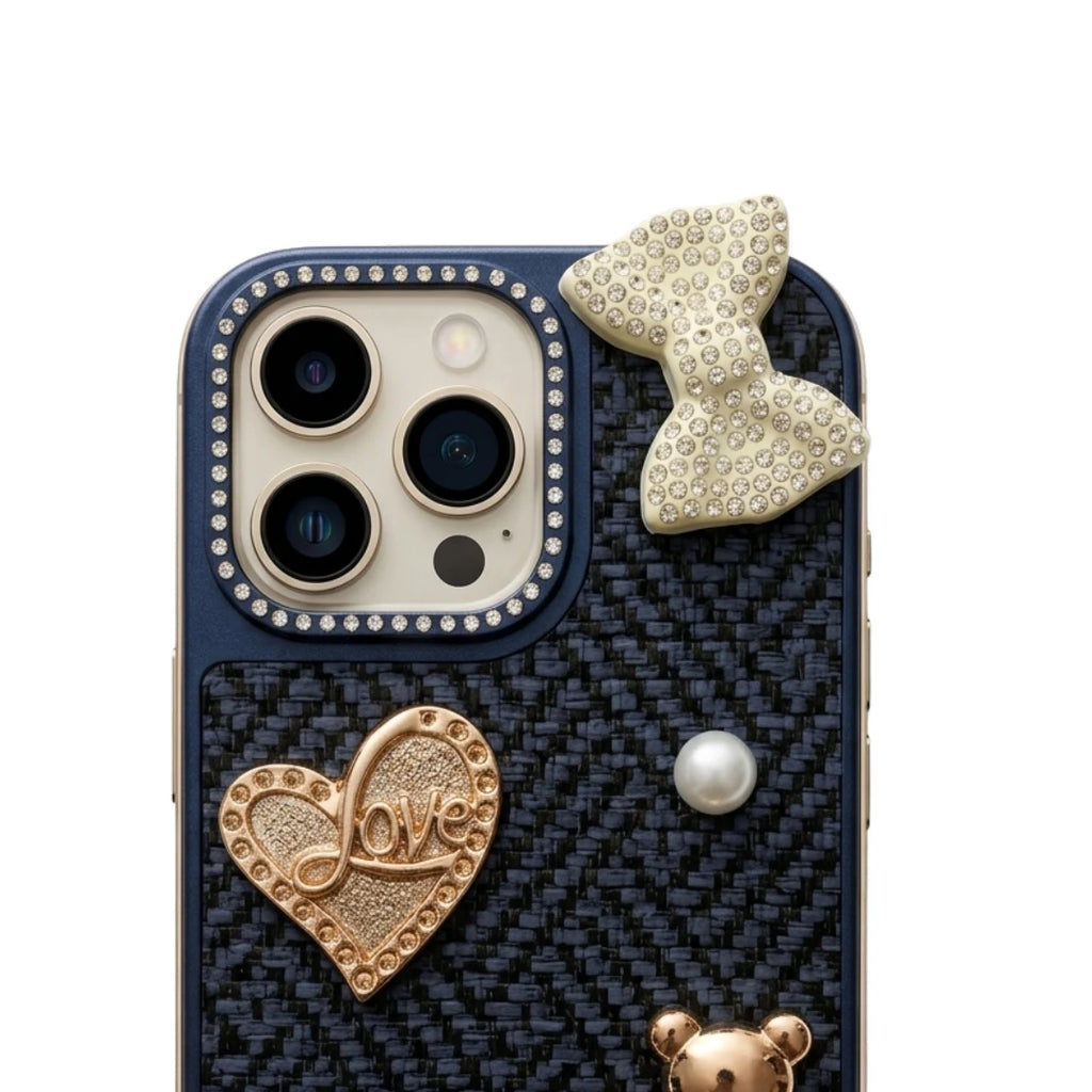 iPhone 16 Pro Max Luxury Navy Blue Tweed Bow Pearl Bear Case