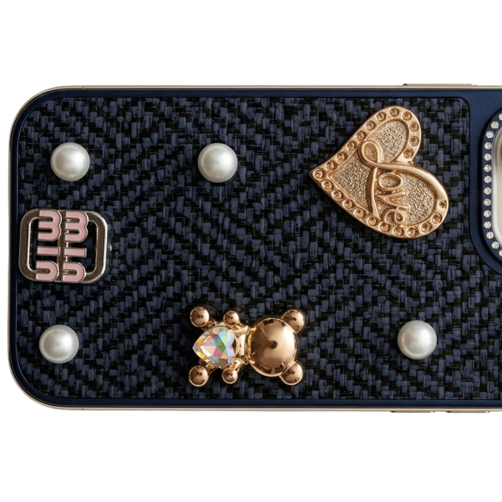 iPhone 16 Pro Max Luxury Navy Blue Tweed Bow Pearl Bear Case