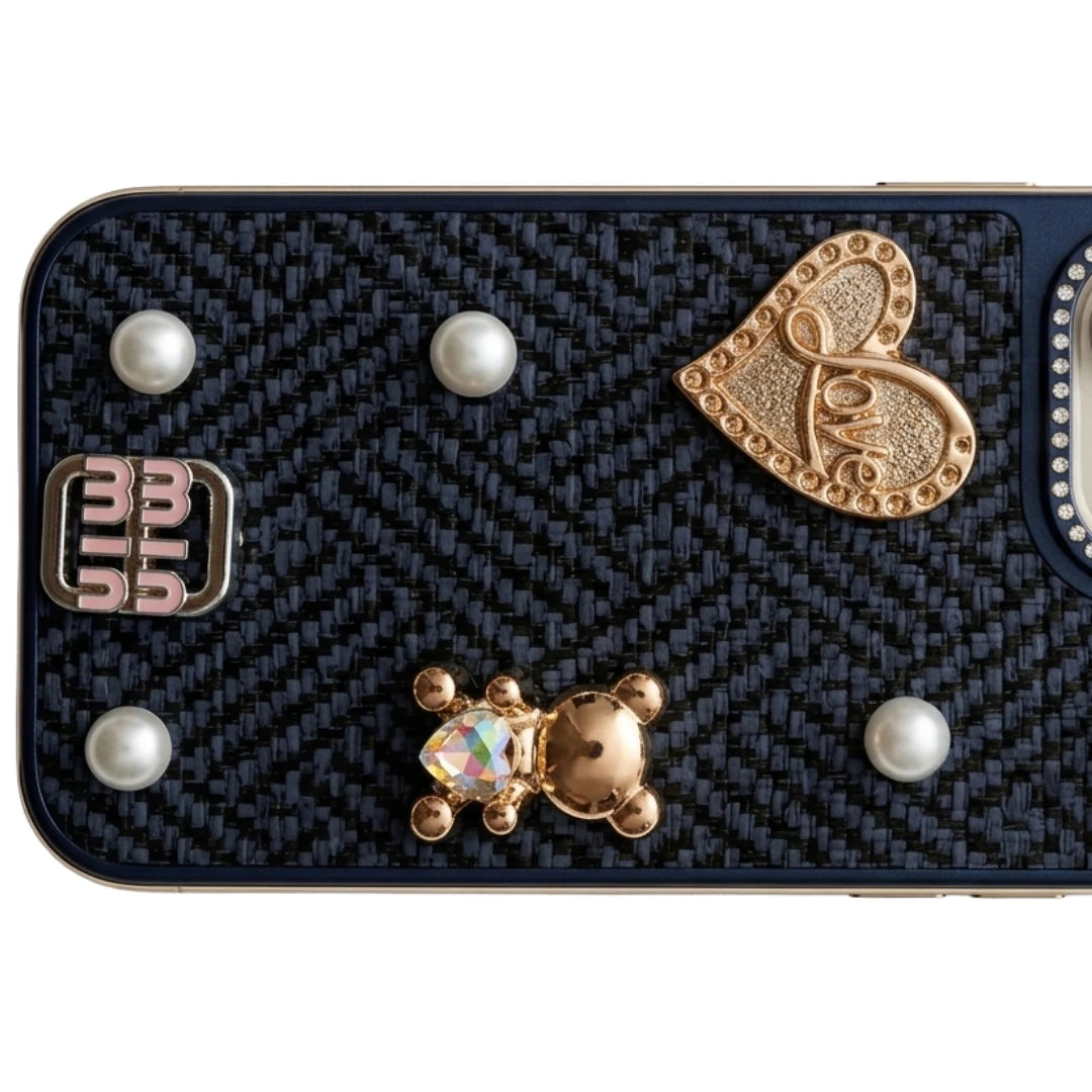 iPhone 16 Pro Max Luxury Navy Blue Tweed Bow Pearl Bear Case