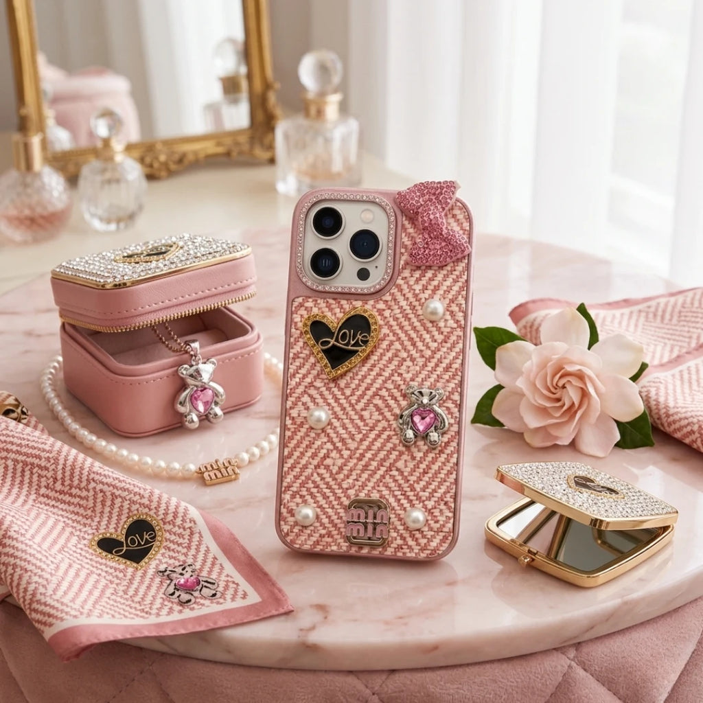 iPhone 16 Pro Max Luxury Pink Tweed Bow Pearl Heart Case