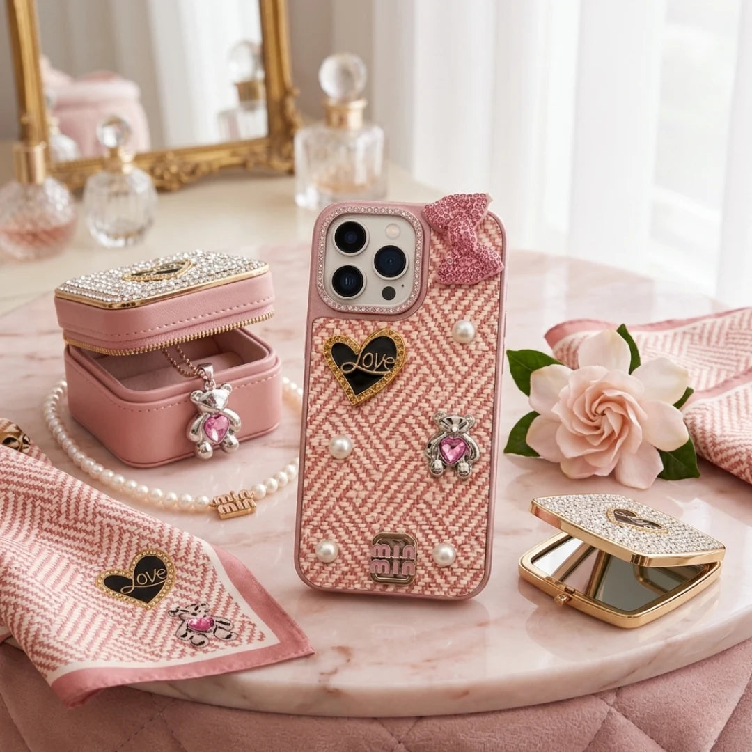 iPhone 16 Pro Max Luxury Pink Tweed Bow Pearl Heart Case