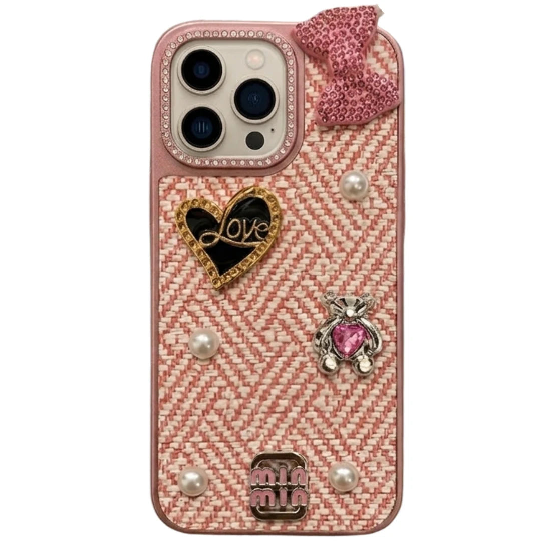 iPhone 16 Pro Max Luxury Pink Tweed Bow Pearl Heart Case