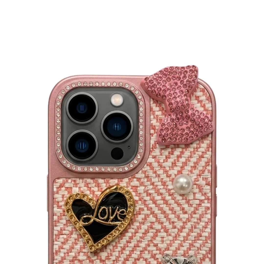 iPhone 16 Pro Max Luxury Pink Tweed Bow Pearl Heart Case