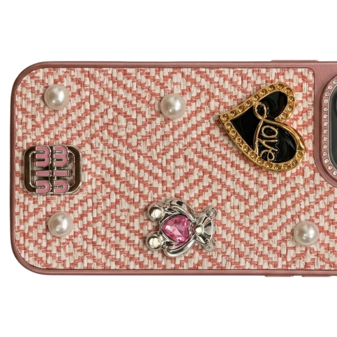 iPhone 16 Pro Max Luxury Pink Tweed Bow Pearl Heart Case