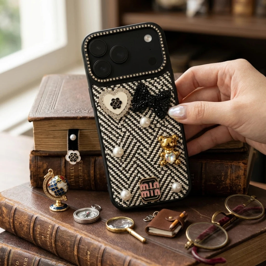 iPhone 17 Pro Max Luxury Black & White Tweed Bow Pearl Bear Case