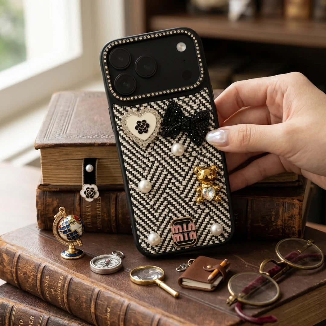 iPhone 17 Pro Max Luxury Black & White Tweed Bow Pearl Bear Case