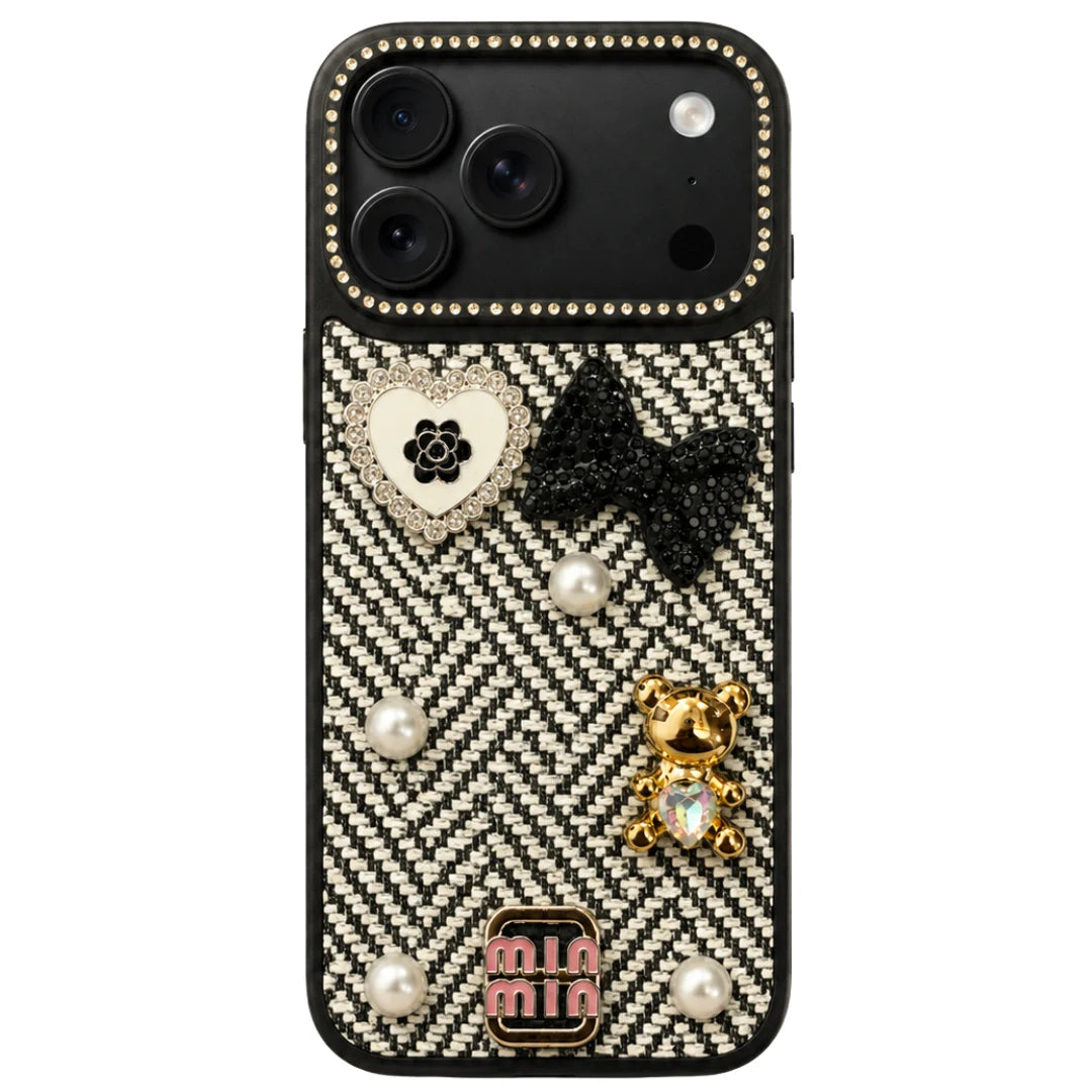 iPhone 17 Pro Max Luxury Black & White Tweed Bow Pearl Bear Case