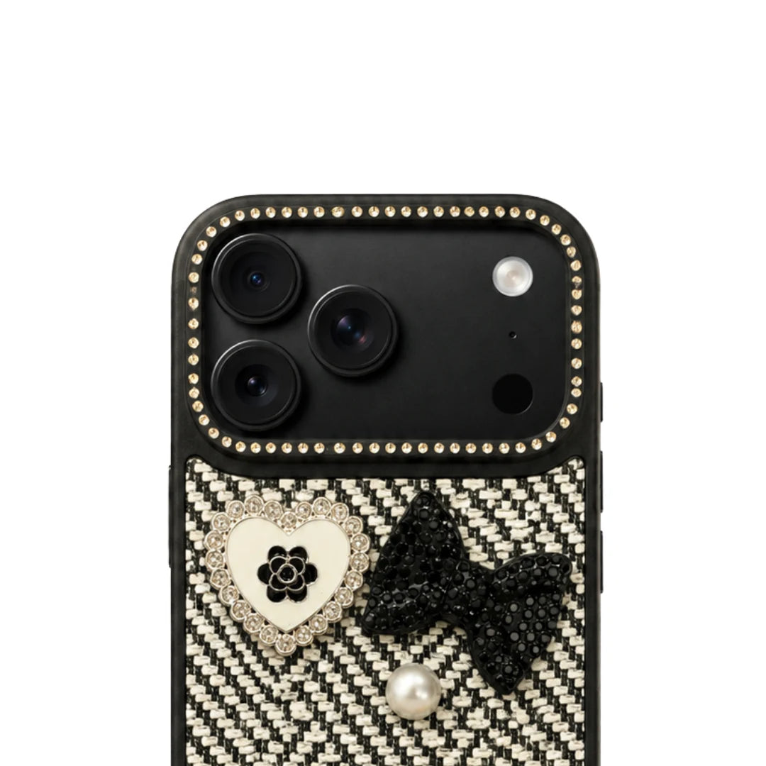 iPhone 17 Pro Max Luxury Black & White Tweed Bow Pearl Bear Case