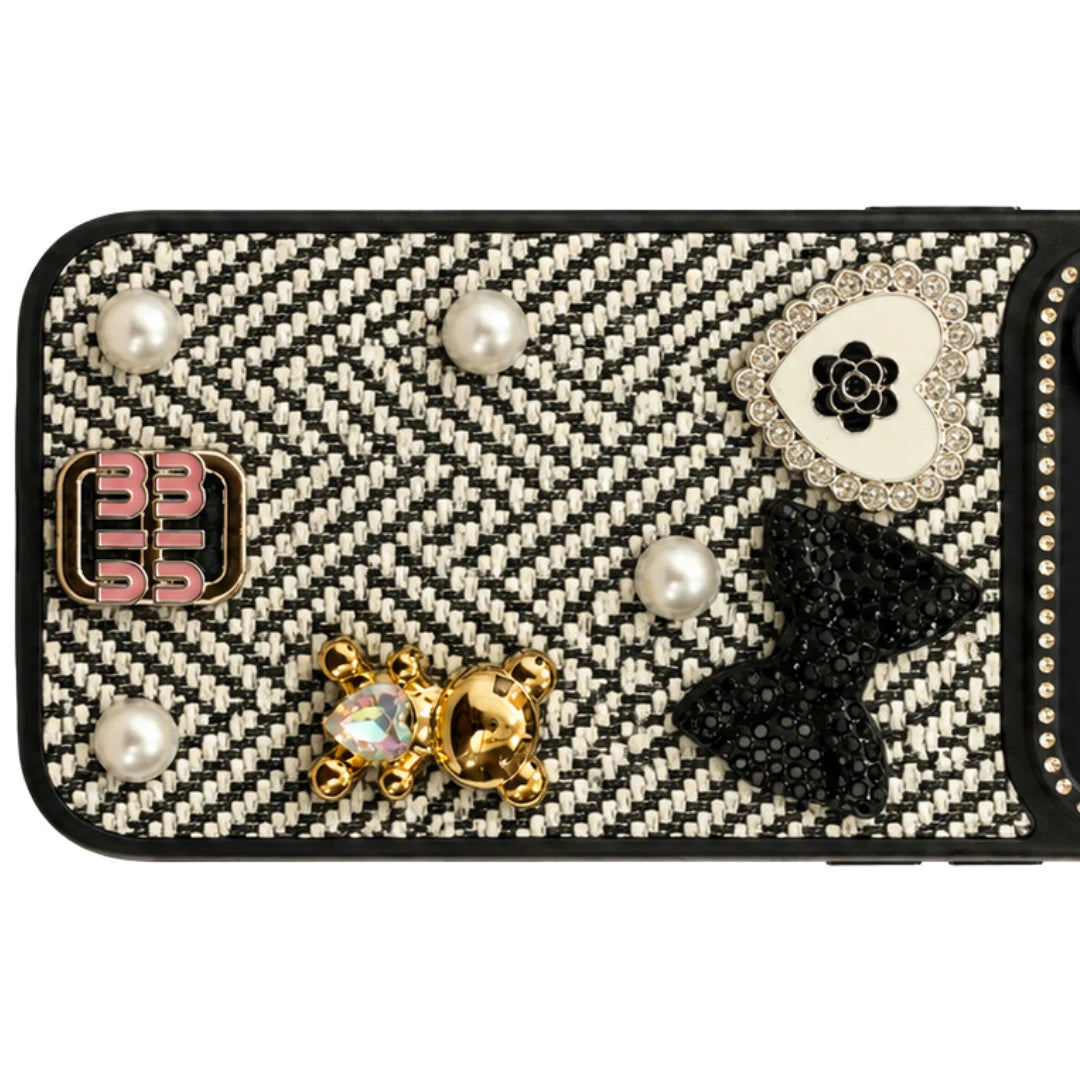 iPhone 17 Pro Max Luxury Black & White Tweed Bow Pearl Bear Case
