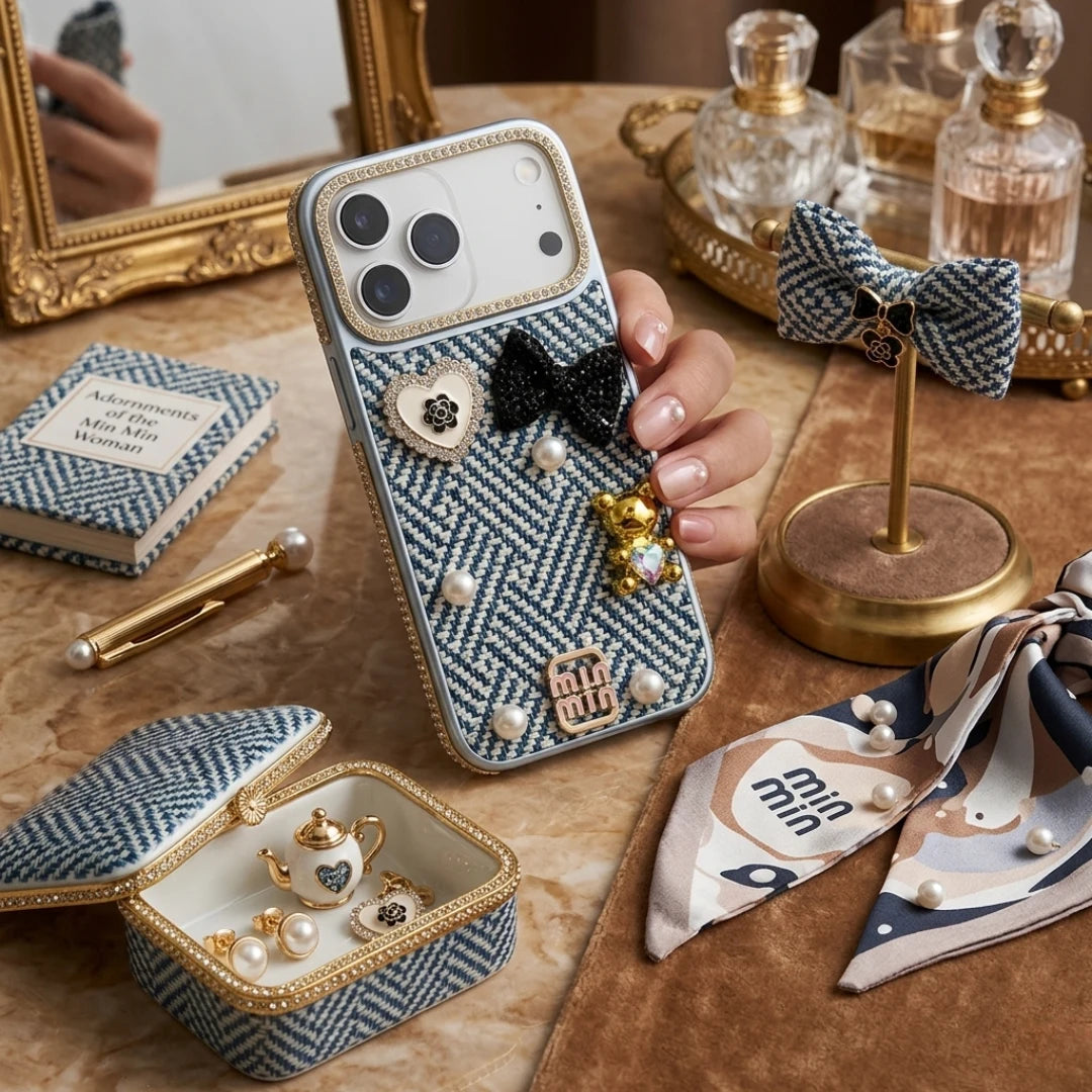 iPhone 17 Pro Max Luxury Rhinestone Tweed Charm Case