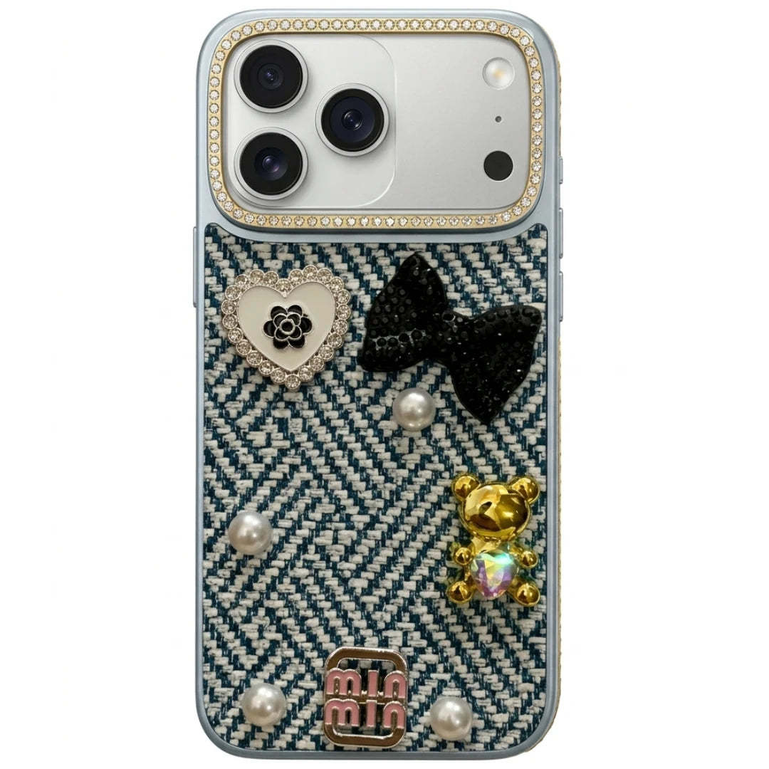 iPhone 17 Pro Max Luxury Rhinestone Tweed Charm Case