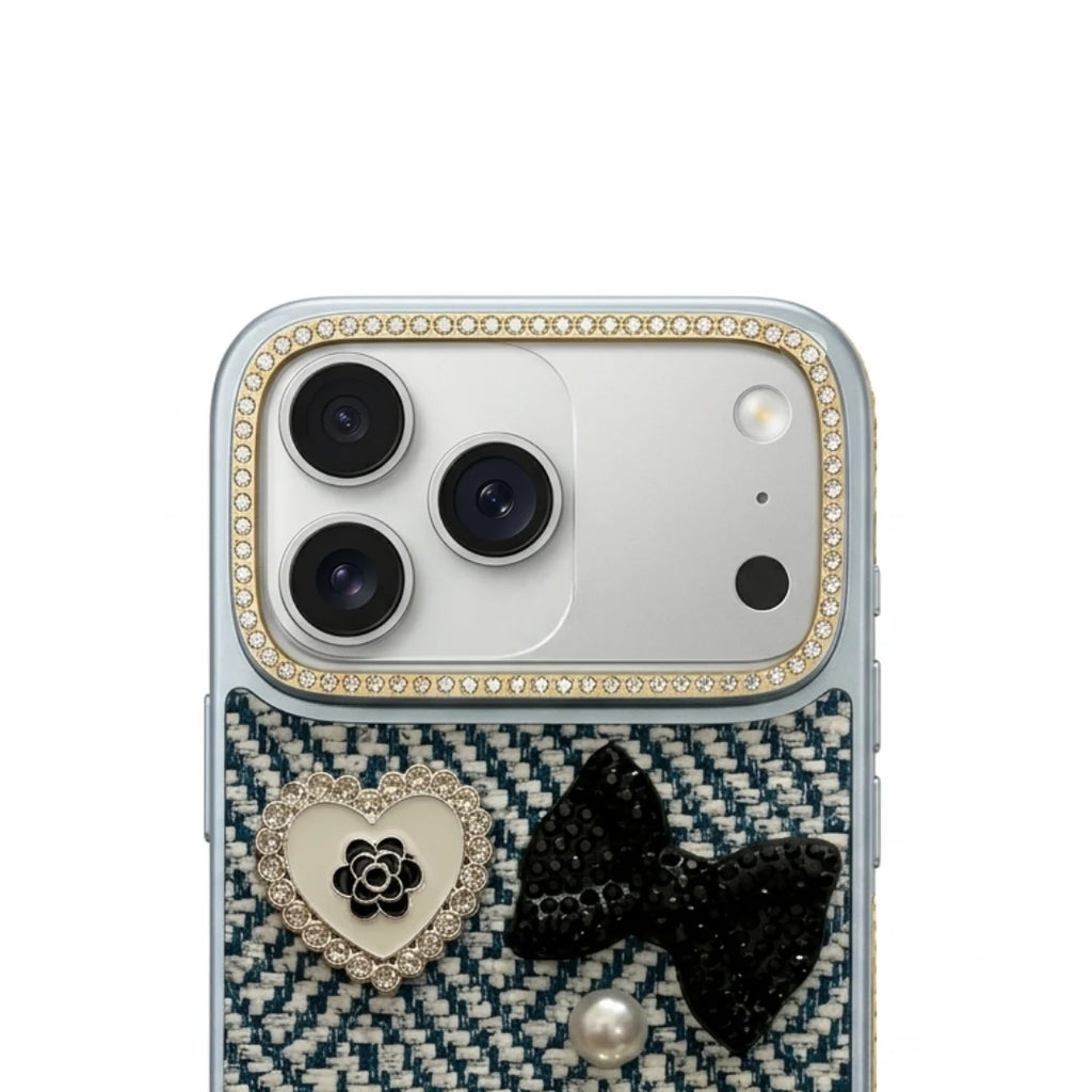 iPhone 17 Pro Max Luxury Rhinestone Tweed Charm Case