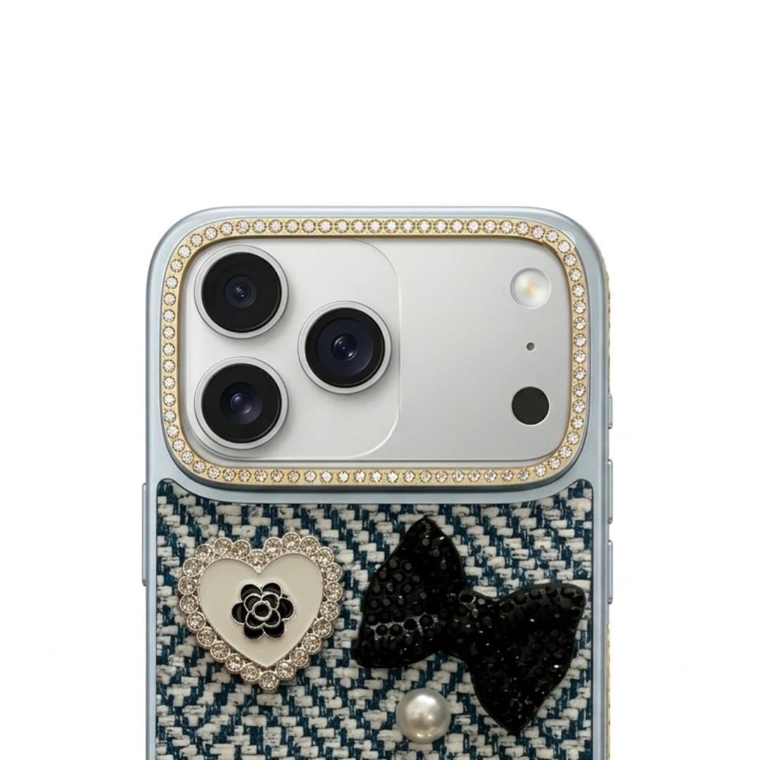 iPhone 17 Pro Max Luxury Rhinestone Tweed Charm Case