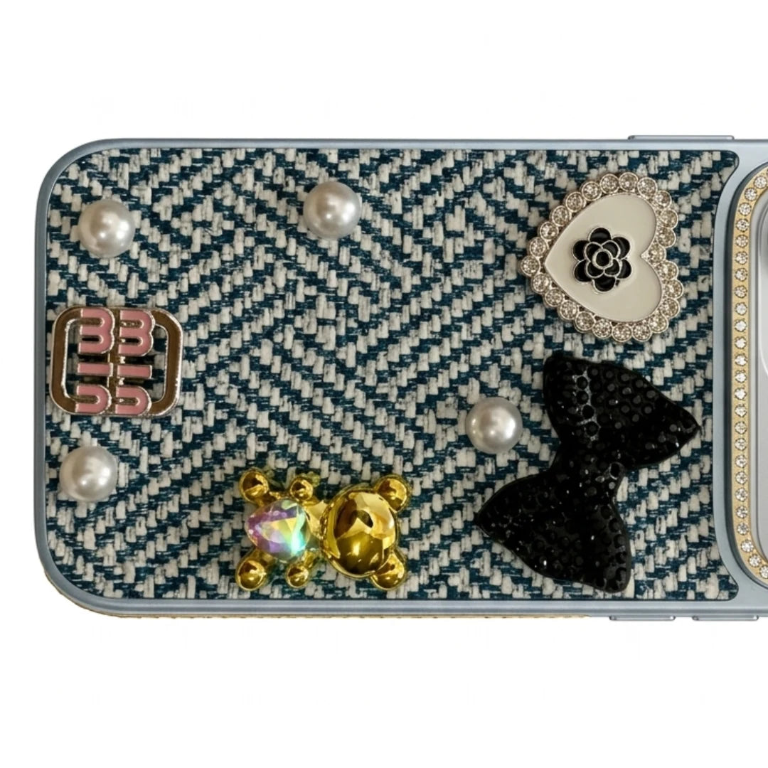 iPhone 17 Pro Max Luxury Rhinestone Tweed Charm Case