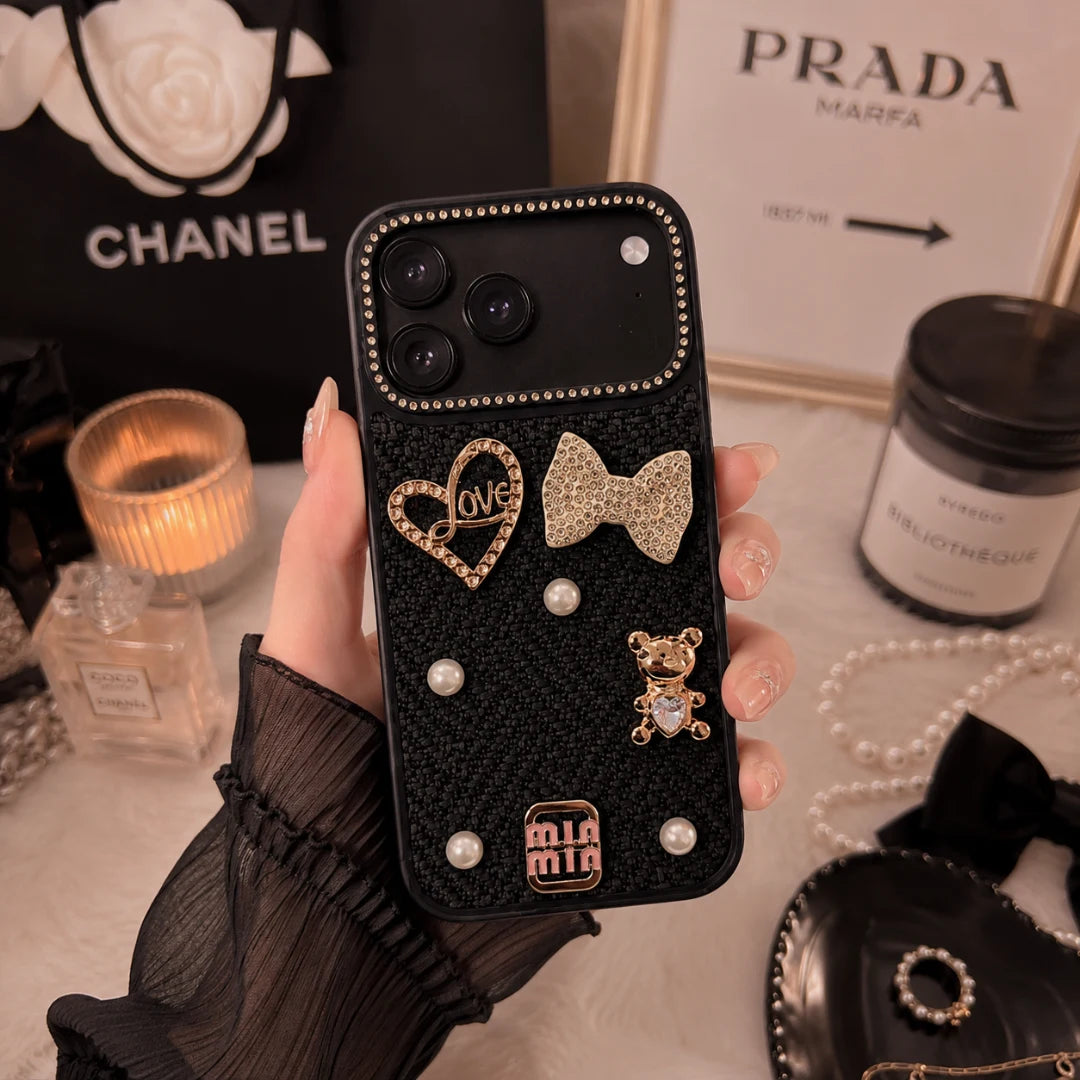 iPhone 17 Pro Max Luxury Rhinestone Tweed Charm Case