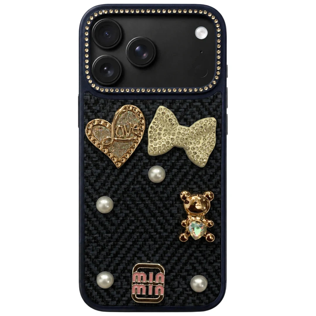iPhone 17 Pro Max Luxury Rhinestone Tweed Charm Case