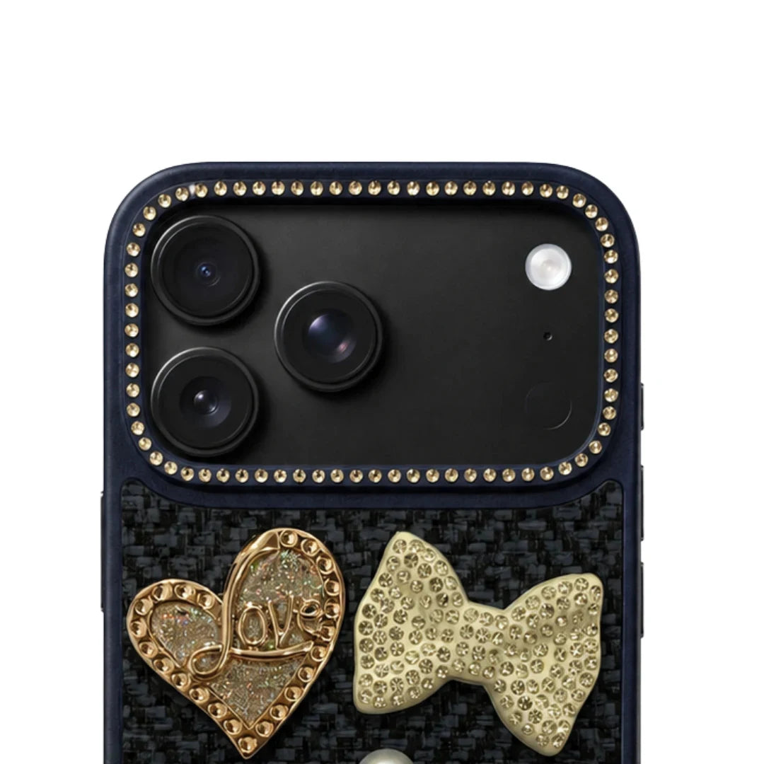 iPhone 17 Pro Max Luxury Rhinestone Tweed Charm Case