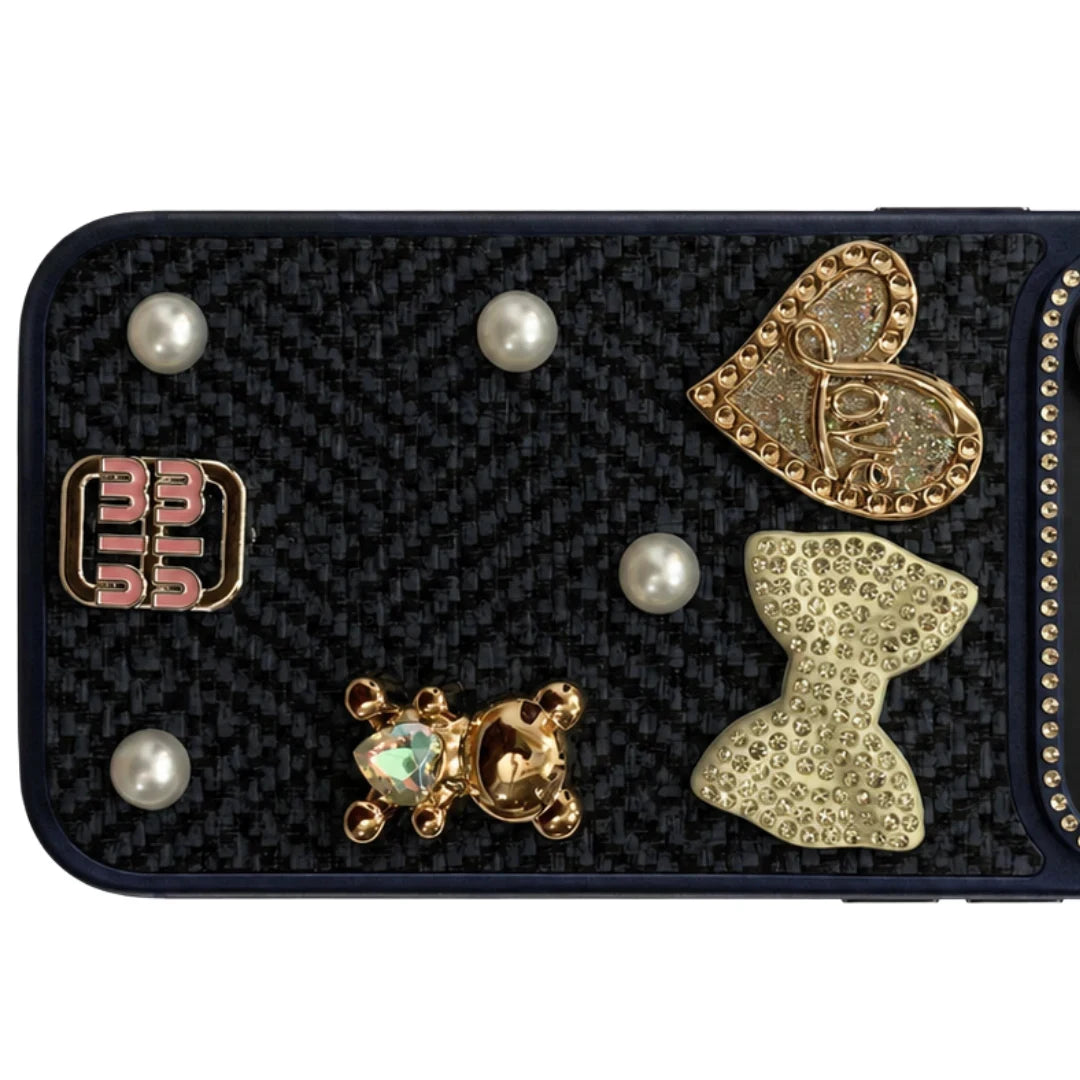 iPhone 17 Pro Max Luxury Rhinestone Tweed Charm Case